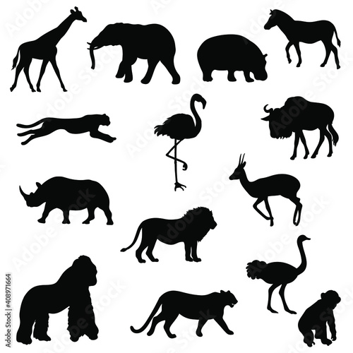 Silhouettes of African animals  plants isolated on white background. Vector.
