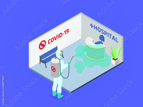 Принти на полотні Spraying disinfectant indoor 3D isometric vector concept for banner, website, il