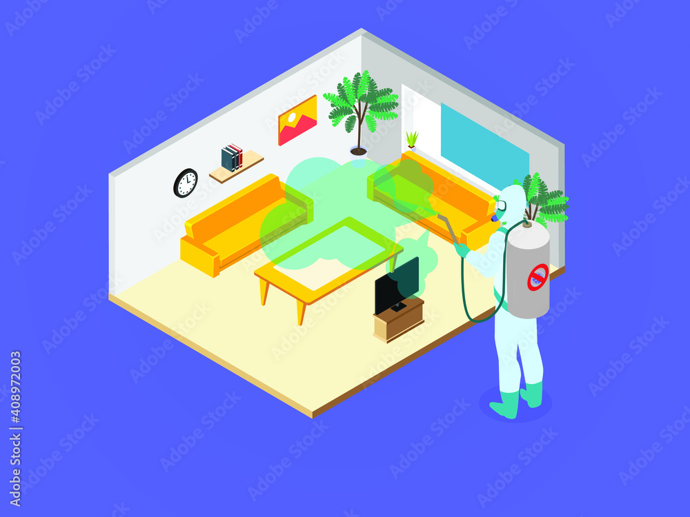 Spraying living room with disinfectant 3D isometric vector concept for banner, website, illustration, landing page, flyer, etc Spraying living room with disinfectant 3D isometric vector concept for banner, website, illustration, landing page, flyer, etc