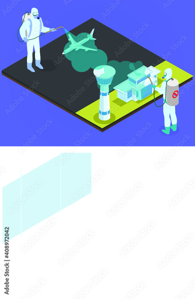 Spraying airport and airplane with disinfectant 3D isometric vector concept for banner, website, illustration, landing page, flyer, etc