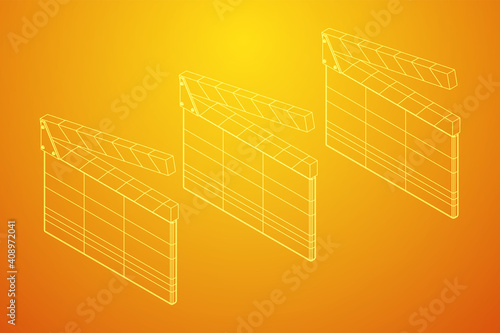 Movie clapper board. Film cinema concept. Wireframe low poly mesh vector illustration