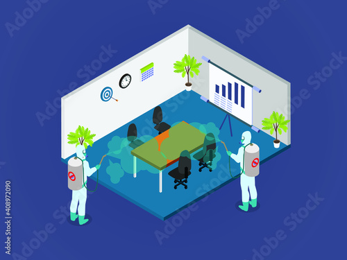 Spraying office meeting room with disinfectant 3D isometric vector concept for banner, website, illustration, landing page, flyer, etc