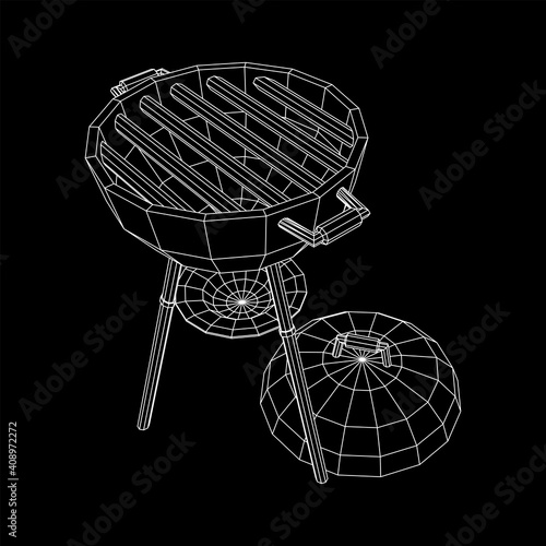 Round barbecue grill. Outdoor bbq party. Wireframe low poly mesh vector illustration