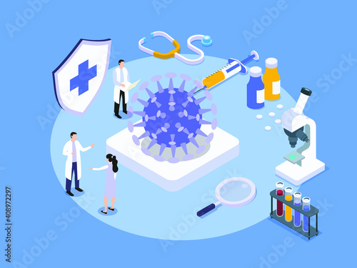 Corona virus vaccine research 3D isometric vector concept for banner, website, illustration, landing page, flyer, etc