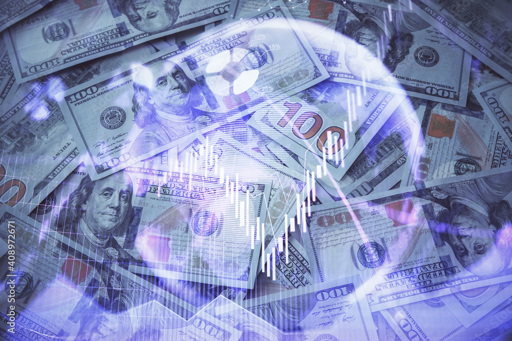 Double exposure of forex graph drawing over us dollars bill background. Concept of financial markets. Double exposure of forex graph drawing over us dollars bill background. Concept of financial markets.