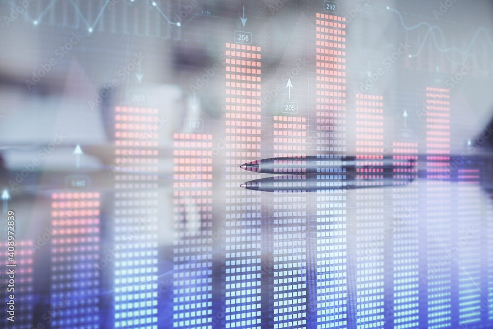 Double exposure of forex chart over coffee cup background in office. Concept of financial analysis and success. Double exposure of forex chart over coffee cup background in office. Concept of financial analysis and success.