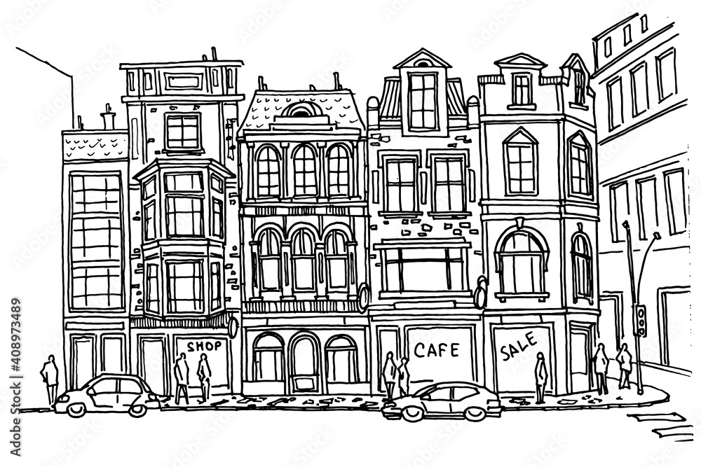 vector sketch of street scene in Dublin, Ireland