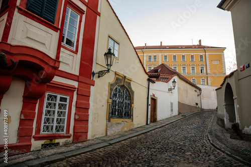 Fascinating narrow picturesque street with baroque and renaissance historical buildings in sunny day, Novy svet, New World in the vicinity of Hradcany, Prague, Czech Republic