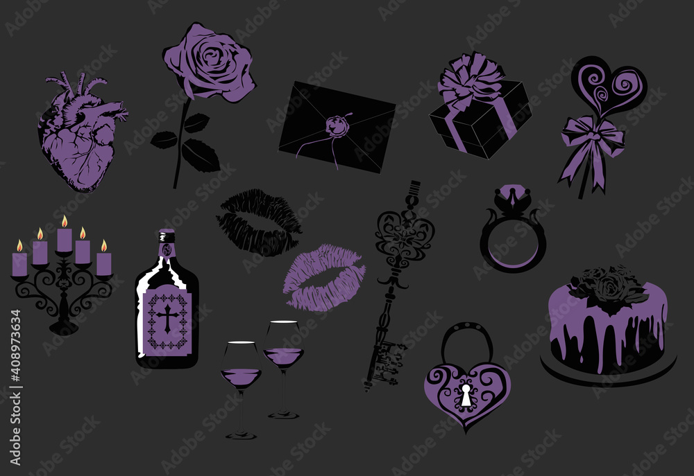 gothic valentine's day icons - stylized victorian vector icons isolated on white