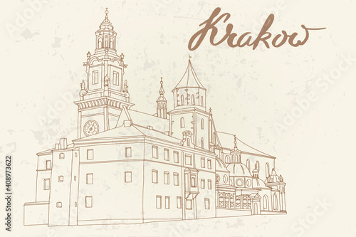 vector sketch of The Royal Archcathedral Basilica of Saints Stanislaus and Wenceslaus on the Wawel Hill. Krakow, Poland.