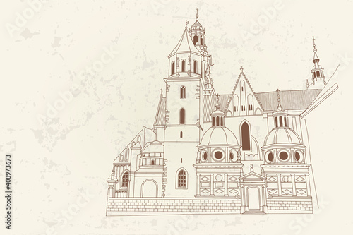 vector sketch of The Royal Archcathedral Basilica of Saints Stanislaus and Wenceslaus on the Wawel Hill. Krakow  Poland.