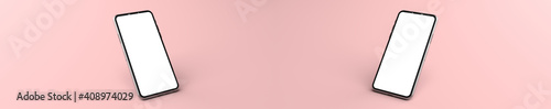 Obraz na plátně 3D rendering of mockups Smartphones white screen on pink floor, Mobile phone lay down on the ground