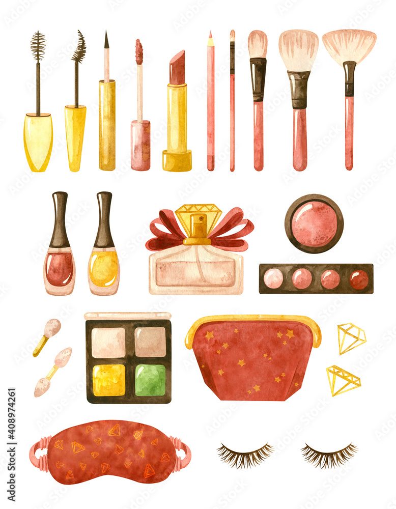 Clipart collection with Cosmetic products. Makeup and self-care. Fashion watercolor illustration. Template for postcards, business cards, posters, banners, wrapping paper Clipart collection with Cosmetic products. Makeup and self-care. Fashion watercolor illustration. Template for postcards, business cards, posters, banners, wrapping paper