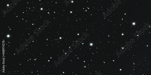 Sparkling magic dust. On a textural black background. Celebration abstract background from small sparkling dust particles and stars. Magic effect Festive vector illustration.