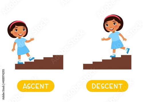 Opposites concept, Ascent and Descent. Word card for English language learning. Little dark skin girl goes up the stairs, goes down.  Flashcard with antonyms for children.