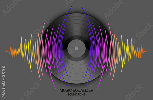 Poster of vinyl record and pulse music wave. Vector colorful digital technology illustration. Modern media banner. Audio background