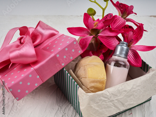 gift box with cosmetics on the theme of Valentine's day, birthday and wedding
