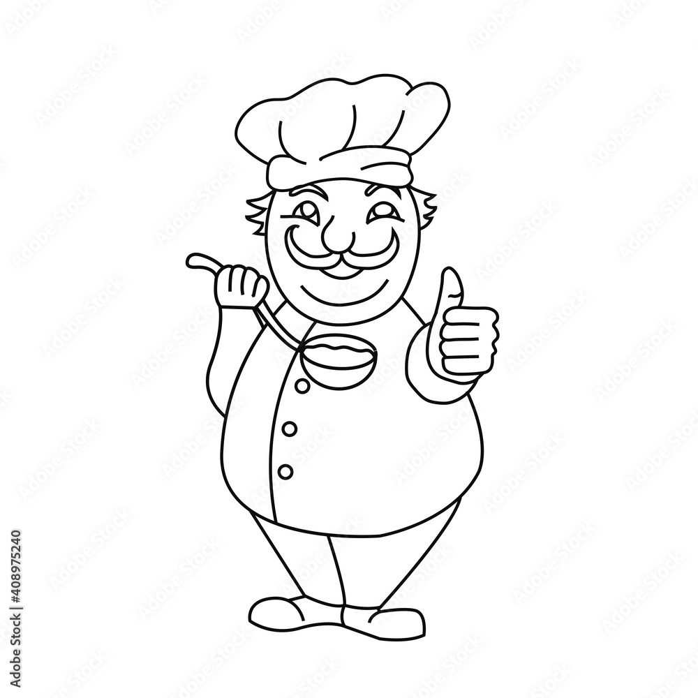 Cheerful chef with a ladle of soup. Cooking illustration for signboard menu of cafe, restaurant. Vector illustration Cheerful chef with a ladle of soup. Cooking illustration for signboard menu of cafe, restaurant. Vector illustration