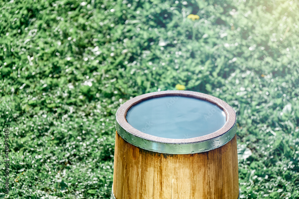 Stylish vintage oak wood tub with metal ring full of clear water stands on lush green lawn on sunny summer day close view
