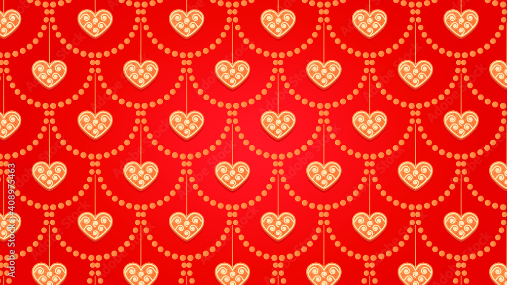 Seamless pattern with hearts in the form of gingerbread cookies on a red background