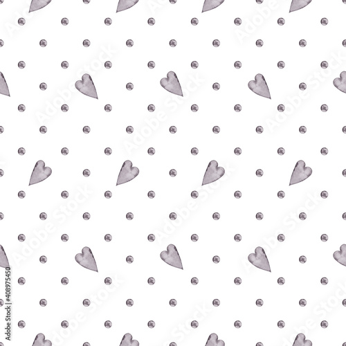 Seamless pattern of grey polka dot and hearts. 12"x12" Symbol of Valentine's Day. Digital, wrapping paper and wedding invitation texture. Watercolor isolated elements on white background.