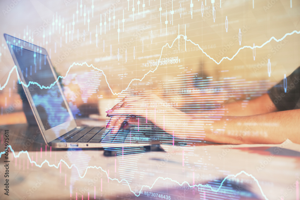 Double exposure of businesswoman hands typing on computer and forex chart hologram drawing. Financial analysis concept. Double exposure of businesswoman hands typing on computer and forex chart hologram drawing. Financial analysis concept.