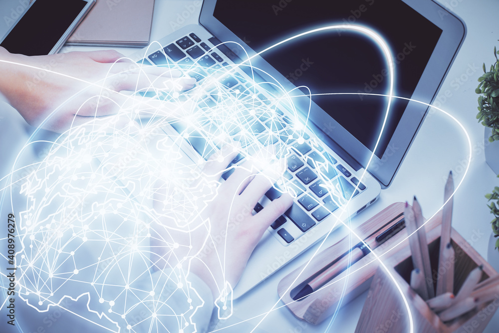Double exposure of woman hands typing on computer and business theme hologram drawing. Success concept. Double exposure of woman hands typing on computer and business theme hologram drawing. Success concept.