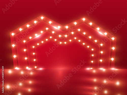 Marquee Red Heart Layered Frame Or Stage Background In Front View.