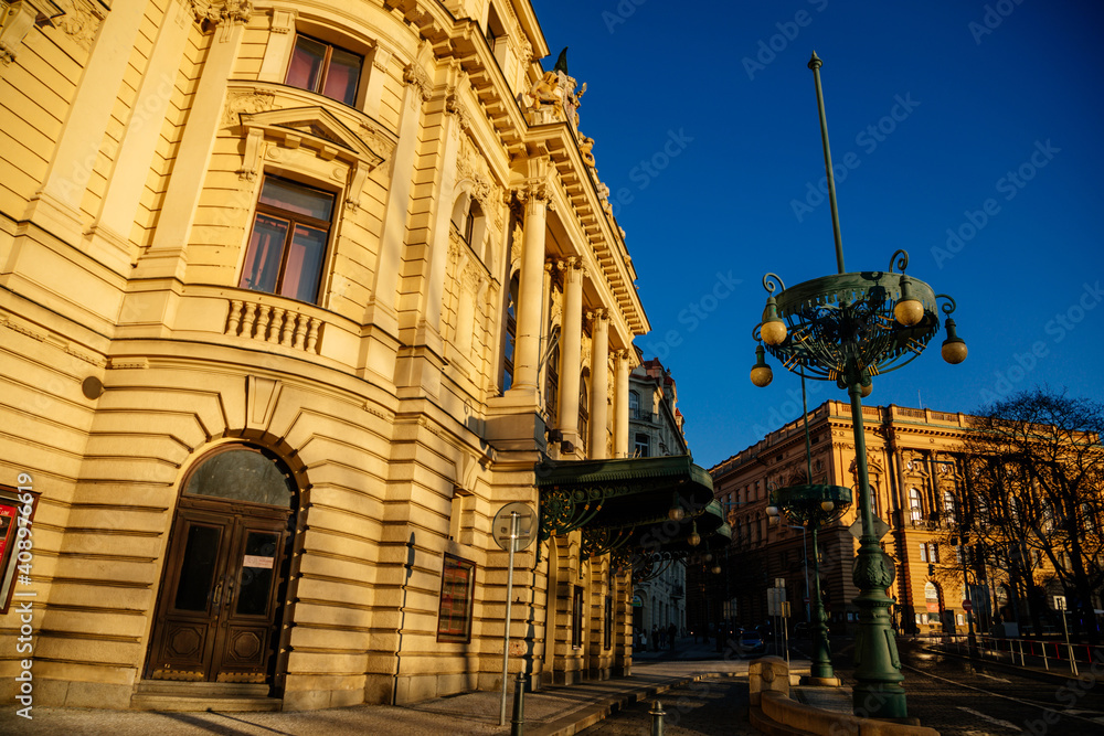 Impressive Neo-Renaissance facade of Vinohrady Municipal Theatre or Divadlo na Vinohradech, Peace Square or namesti Miru in sunny day, Prague, Czech Republic