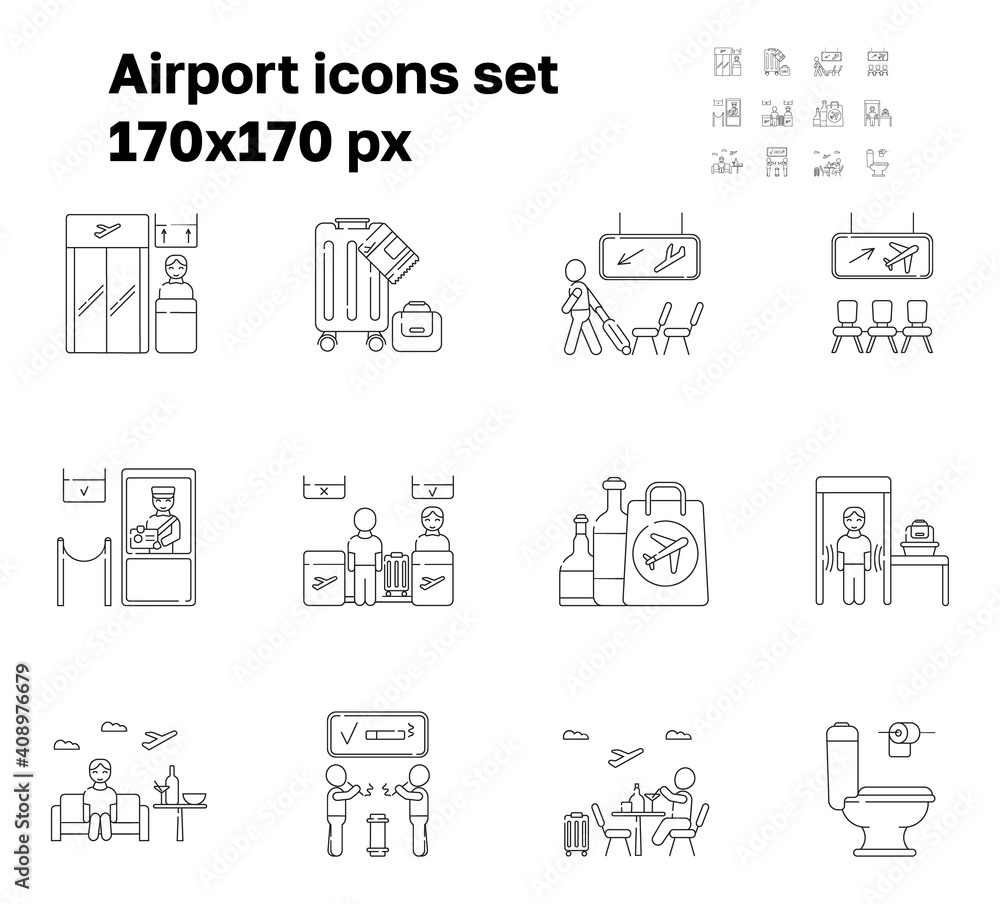 Airport icon set vector. Boarding gate, receipt of baggage are shown. Arrivals, departure areas. Customs, security control working. Reception and passenger check-in.