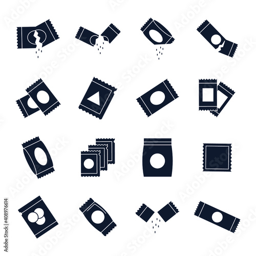 Sachet icons set. sugar powder packet icon pack. Packet soluble powder symbol Vector illustration