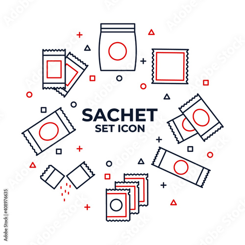 Sachet icons set. sugar powder packet icon pack. Packet soluble powder symbol Vector illustration