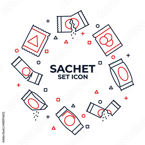 Sachet icons set. sugar powder packet icon pack. Packet soluble powder symbol Vector illustration