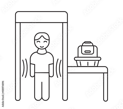 Security control icon vector in outline style. Man standing in metal detector frame. Bag in basket on the table. Airport security screening