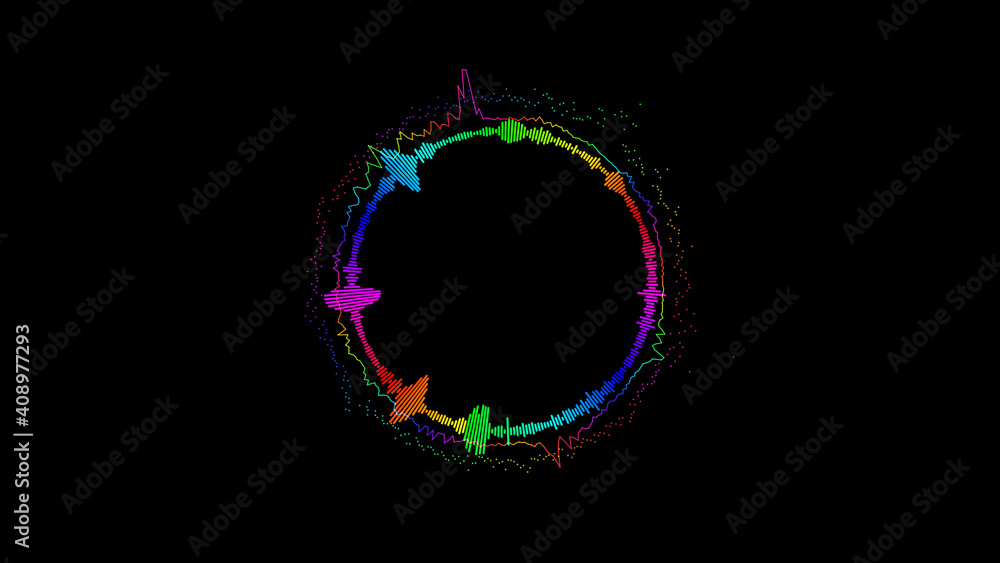 Abstract circular spinning spectral wave design on black background vibrating spectrum wave form. Audio spectrum simulation for music futuristic animation Abstract circular spinning spectral wave design on black background vibrating spectrum wave form. Audio spectrum simulation for music futuristic animation