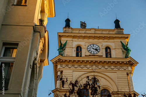 Art Nouveau Renaissance Revival prism-shaped water tower in Vinohrady in sunny winter day, forty metres high cultural landmark, Prague, Czech Republic