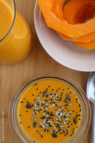 pumpkin cream soup as starter with seeds topping