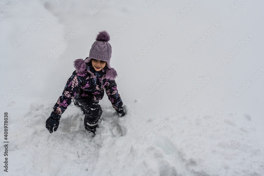 beautiful girl in a purple hat posing on different subjects in the snow in the park 