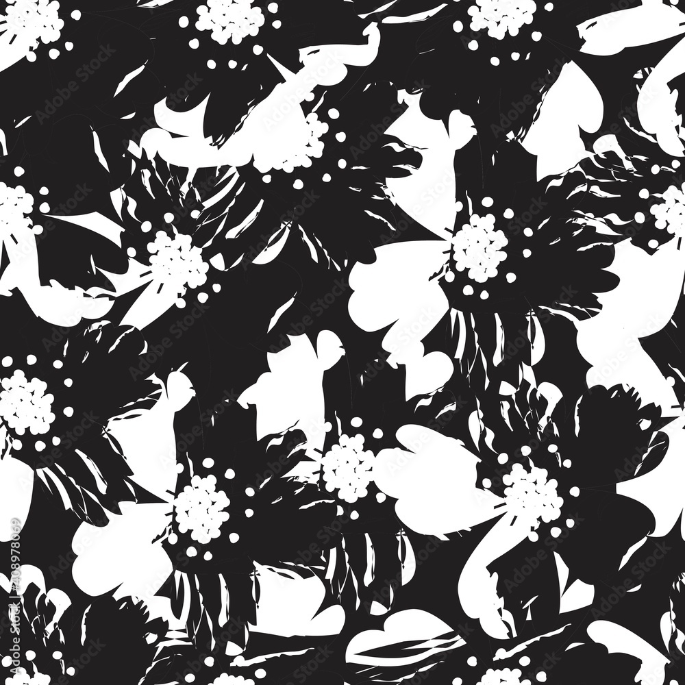 Fototapeta premium Black and White Floral Brush strokes Seamless Pattern Background