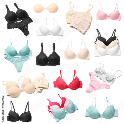 Fotografie Set of stylish female underwear on white background