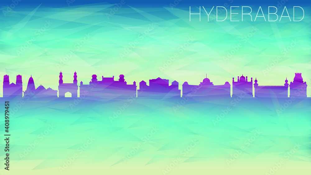 Hyderabad India Skyline City vector Silhouette. Broken Glass Abstract Geometric Dynamic Textured. Banner Background. Colorful Shape Composition.
