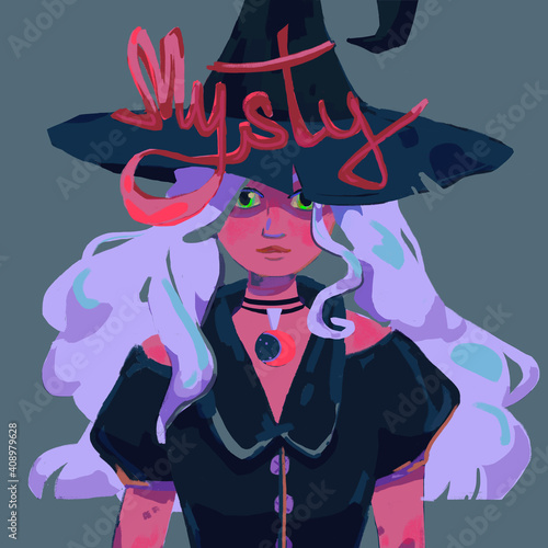 Portrait of a witch in a black dress and hat  with long gray hair and big glowing green eyes  an image for Halloween