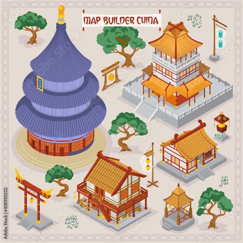 Traditional Chinese map builder illustrations of architecture building elements in isometric isolated vector illustration