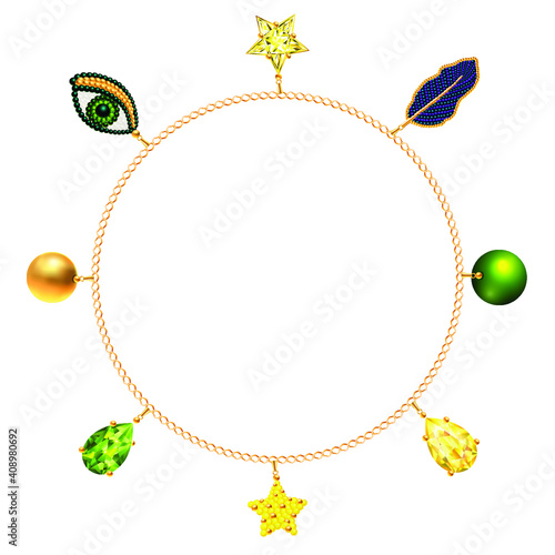 Golden bracelet, necklace, frame with precious accessories, crystals, beads, emeralds, stars, golden chains and beadworks. 3d vector illustration.