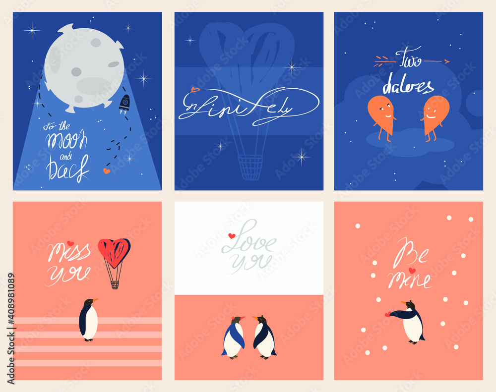 A set of cards dedicated to Valentine's day, with images of animals and with lettering