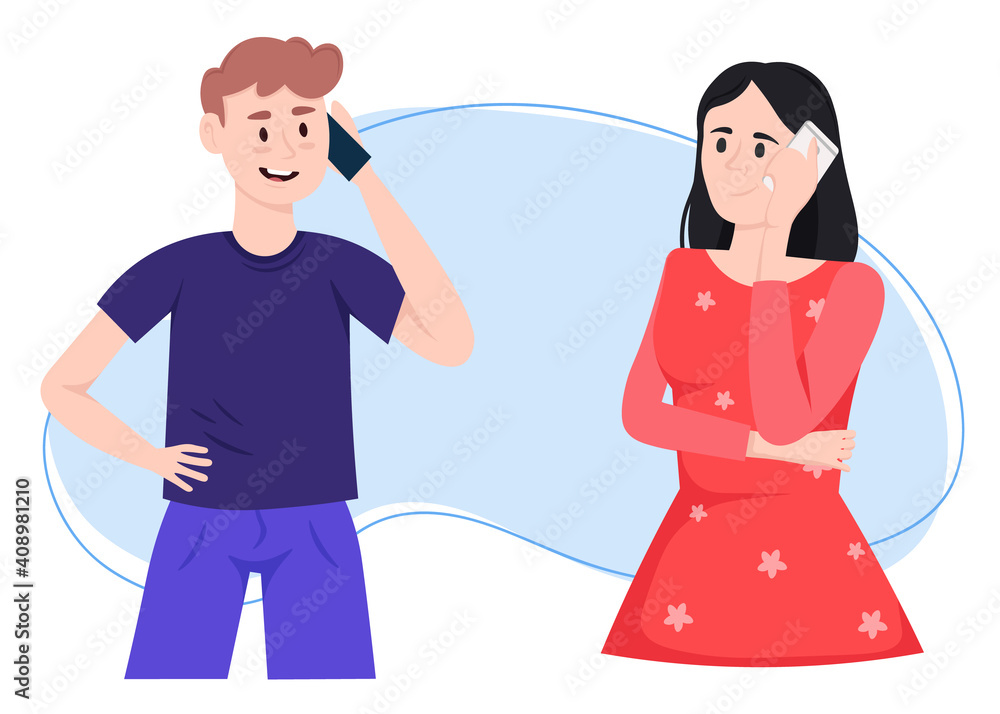 Young people using smartphones for conversation, dialog or discussion. Communication with person. Man and woman with mobile phones cartoon characters. Vector illustration. Young people using smartphones for conversation, dialog or discussion. Communication with person. Man and woman with mobile phones cartoon characters. Vector illustration.