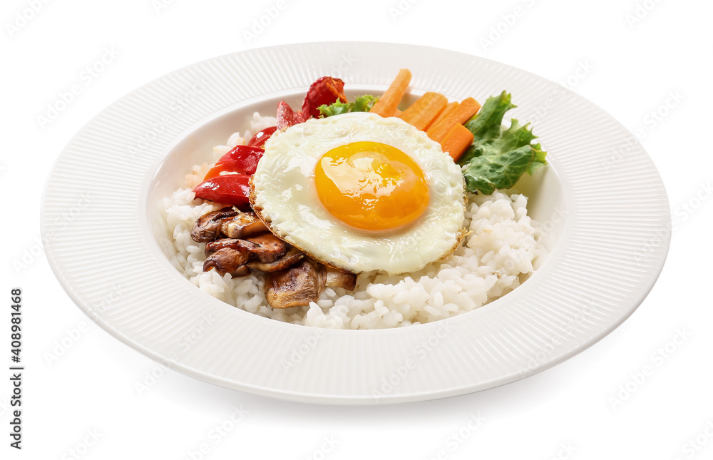 Plate with tasty egg, vegetables and rice on white background Plate with tasty egg, vegetables and rice on white background