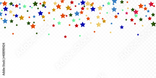 Festive multi-colored star confetti on a white transparent background.