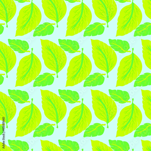 green and yellow leaves with blue background seamless repeat pattern