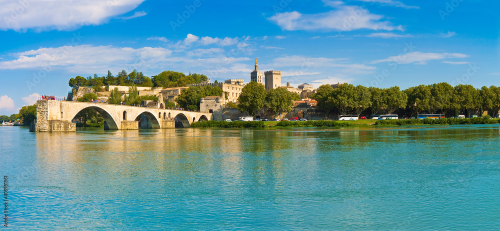 Panorama view of Avignon city with the ancient broken medieval bridge of Saint Benezet and the Rhone river on foreground (Europe-France-Provence)
